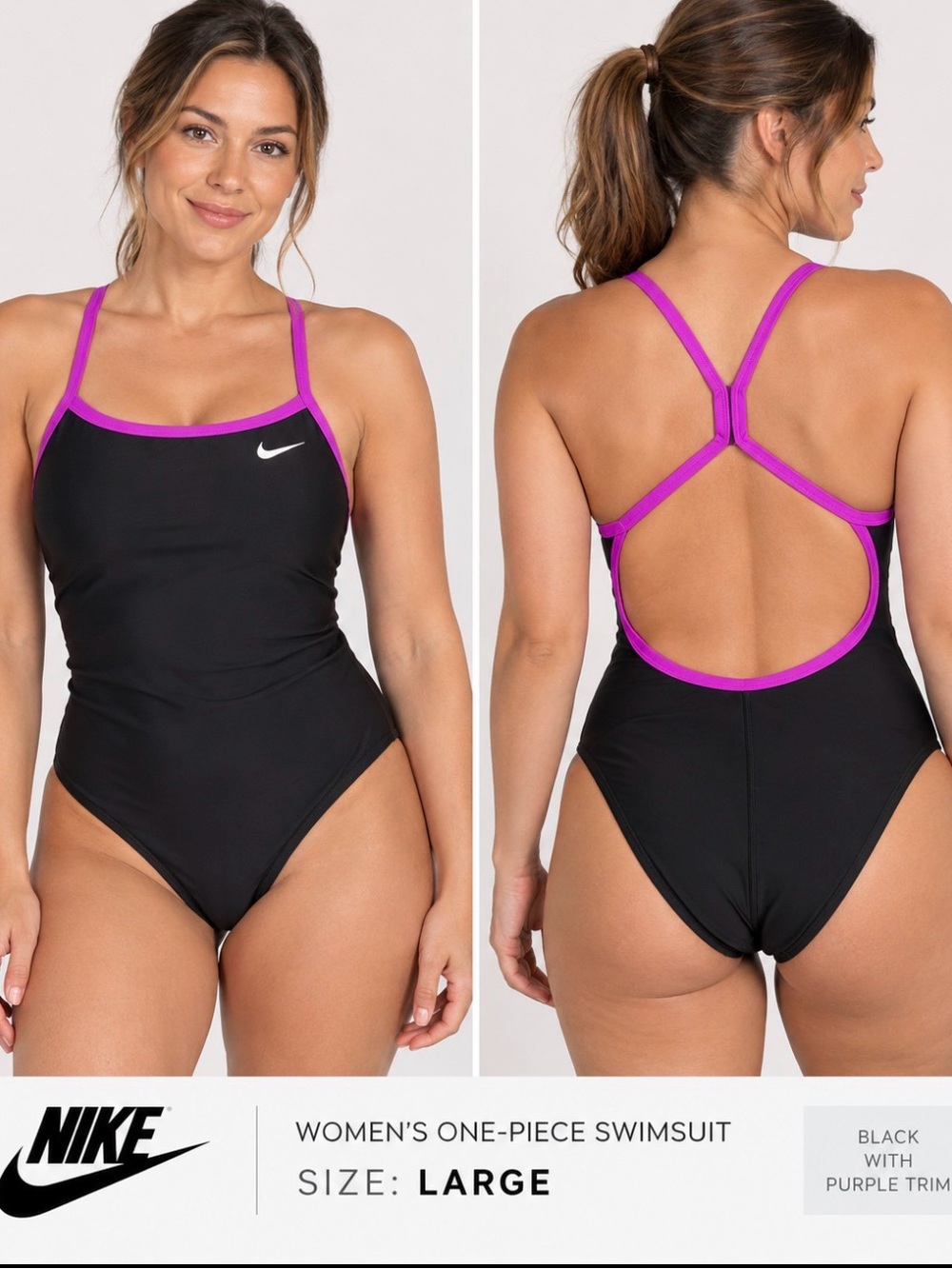 Nike Black One-Piece Swimsuit with Purple Trim